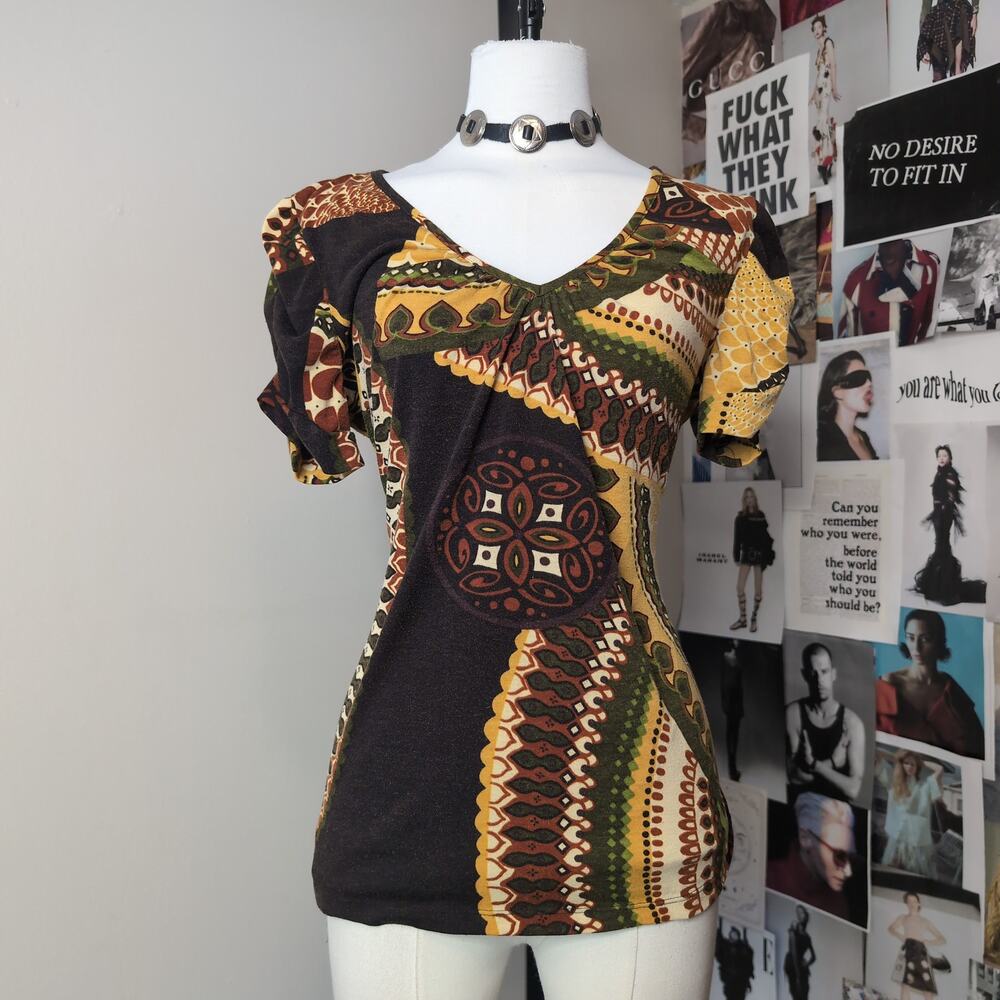 Abstract Geometric Print V Neck Y2k Top